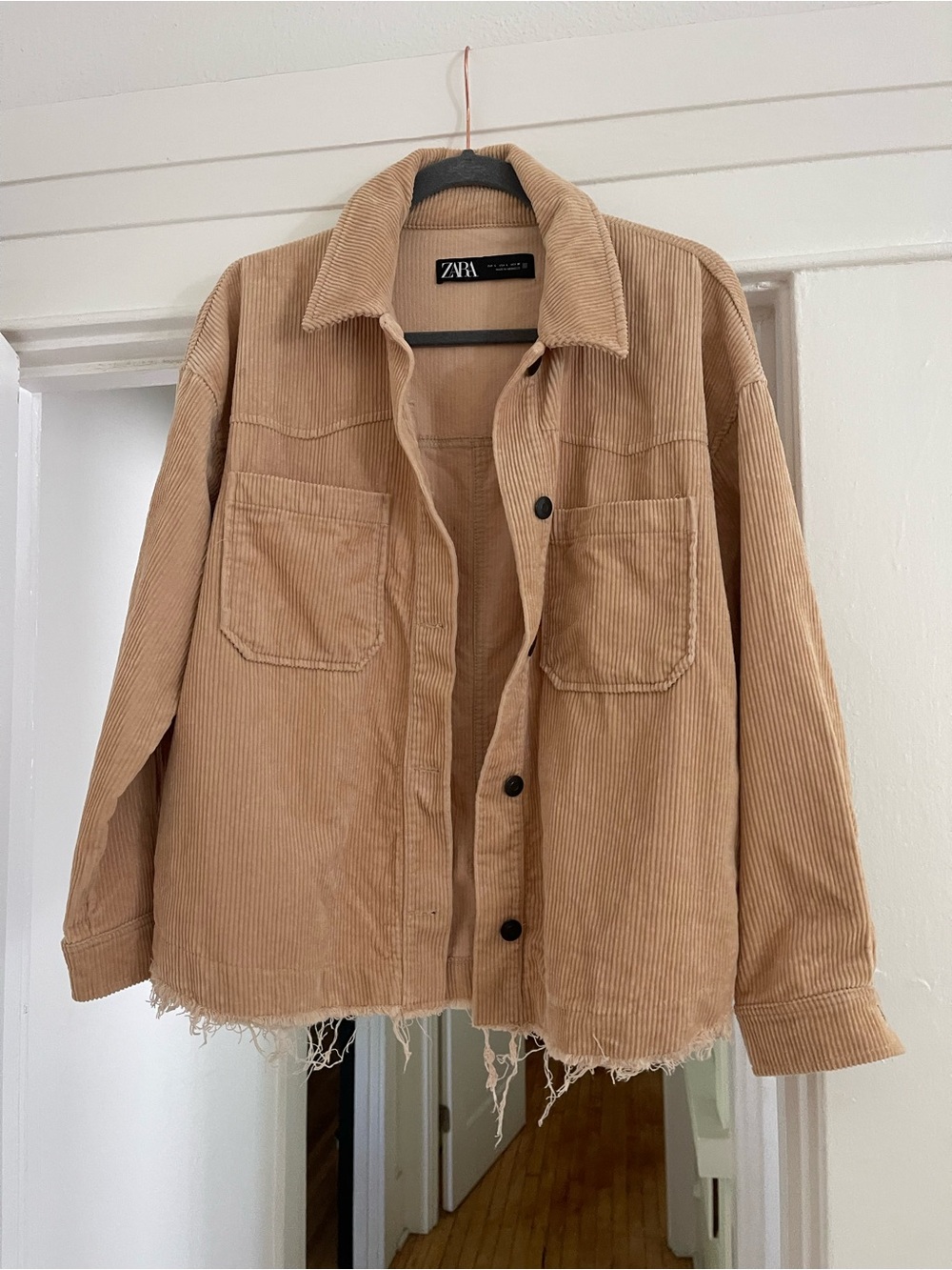 Zara Beige Corduroy Frayed-Hem Jacket